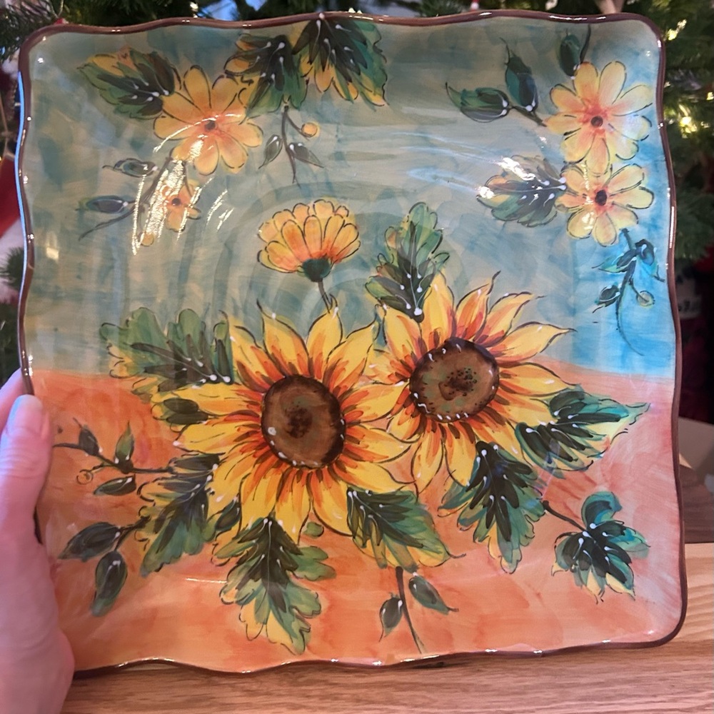 3/$30✨🌻 Hand Painted Sunflower Terra Cotta Platter - Large 11”
